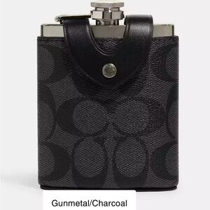 COACH Flask In Signature Canvas Calf Leather Gunmetal Charcoal NEW
